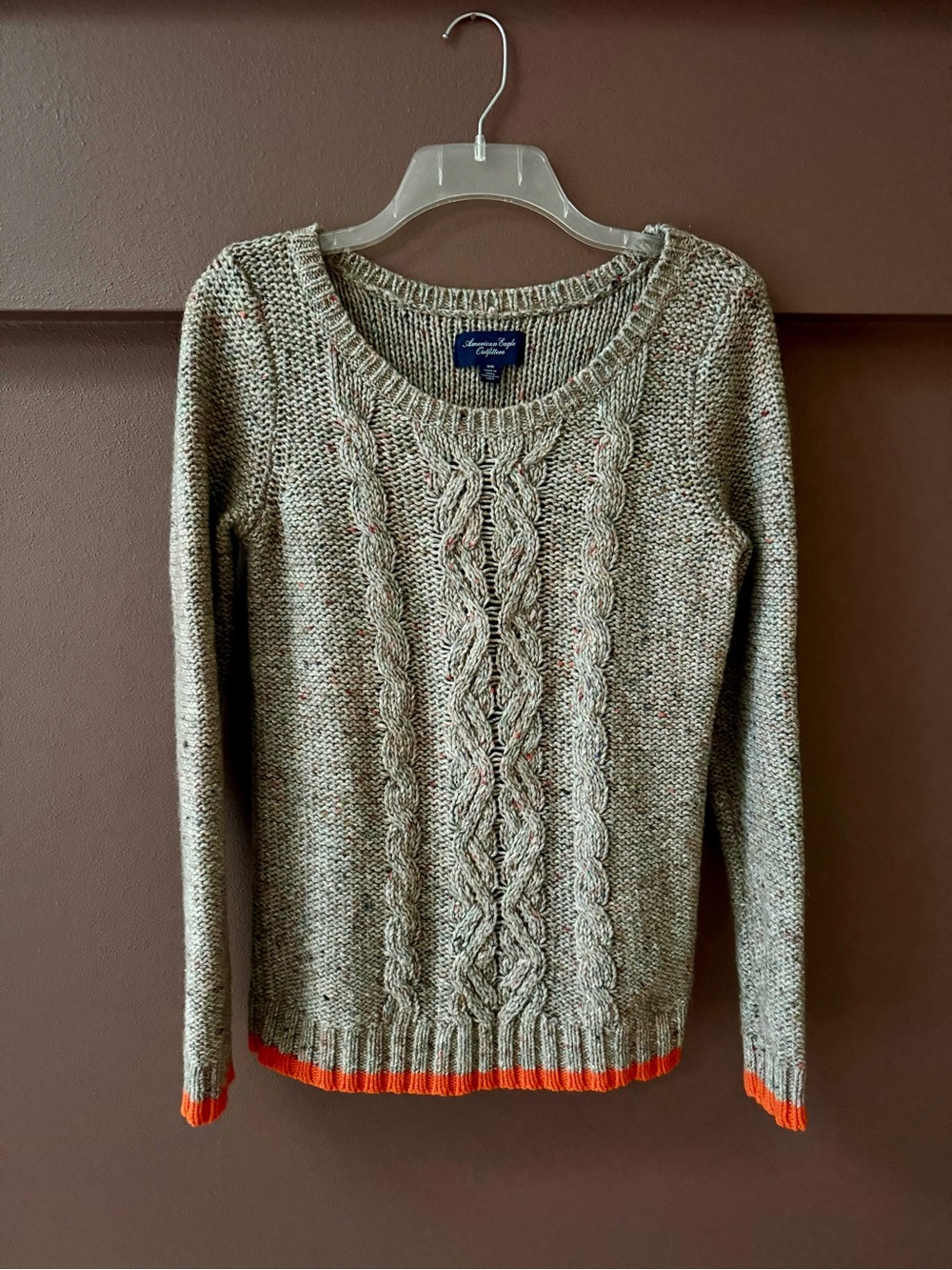 American Eagle Outfitters Heather Gray Cable Scoop Sweater with Orange Trim